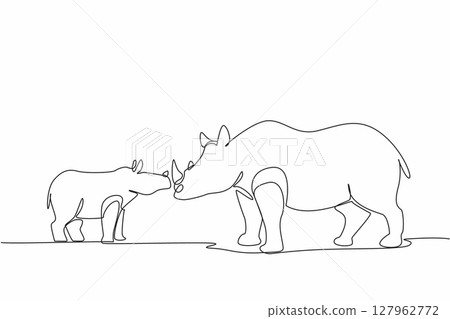 Single continuous line drawing the mother rhino and baby rhino stand facing each other and put heads together. Animal language. Communication. Save the Rhino Day. One line design vector illustration 127962772