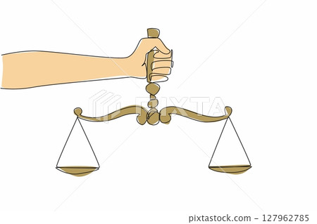 Single continuous line drawing human hand holding a scale. Symbolism. Uphold just laws. Create a sense of security for others. Equality before the law. Law Day. One line design vector illustration 127962785