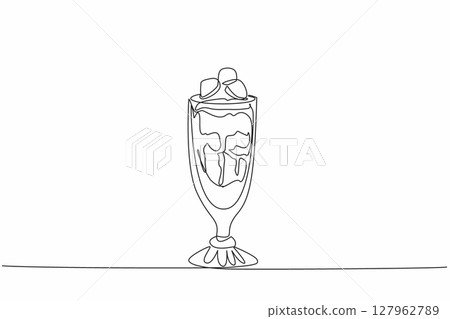 Continuous one line drawing chocolate parfait in a glass with various layers. Fresh summer drink. Sweet and delicious. National Chocolate Parfait Day. Single line draw design vector illustration 127962789