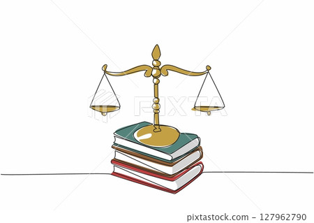 Continuous one line drawing scale on top of 3 stacks of thick books. Symbol of the rule of law. Just law. Justice makes society safe. Equality. Law Day. Single line draw design vector illustration 127962790