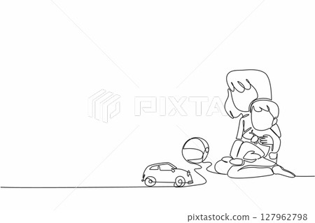 Single continuous line drawing older sister sitting on the floor and holding younger brother. Sibling harmony. Playing together. National Brothers and Sisters Day. One line design vector illustration Single continuous line drawing older sister sitting on the floor and holding younger brother. Sibling harmony. Playing together. National Brothers and Sisters Day. One line design vector illustration 127962798
