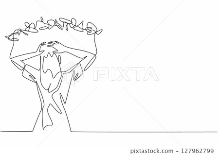 Single one line drawing woman holding head with both hands and a rope tangled around head. Many disturbing thoughts. Stress. National Anxiety Screening Day. Continuous line design graphic illustration Single one line drawing woman holding head with both hands and a rope tangled around head. Many disturbing thoughts. Stress. National Anxiety Screening Day. Continuous line design graphic illustration 127962799