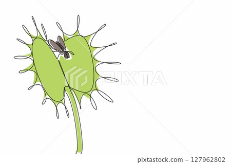 Continuous one line drawing flies are in venus flytrap. Insectivorous plants. Symbiosis of world life. Beneficial to humans. World Carnivorous Plant Day. Single line draw design vector illustration 127962802