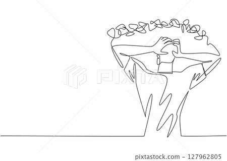 Single continuous line drawing man holding head with both hands and a rope tangled around head. Mentally exhausted. Endless pain. National Anxiety Screening Day. One line design vector illustration 127962805