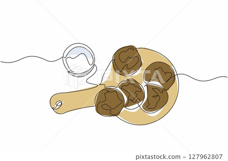 Continuous one line drawing oatmeal cookies on a round wooden cutting board with glass of milk. Ready to face the day. Calcium. National Oatmeal Cookie Day. Single line draw design vector illustration 127962807