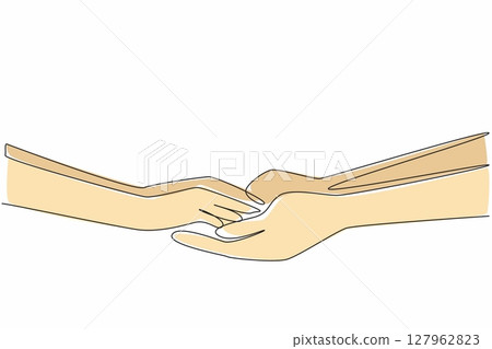 Single continuous line drawing hand of man holding hand of woman. Promise to return from state duty. Erase sadness. Commitment. Encouragement. National Honesty Day. One line design vector illustration Single continuous line drawing hand of man holding hand of woman. Promise to return from state duty. Erase sadness. Commitment. Encouragement. National Honesty Day. One line design vector illustration 127962823
