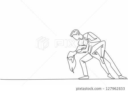 Single continuous line drawing married couple dancing on the dance floor. Like a seduction movement to the beloved wife. Romantic dance. International Dance Day. One line design vector illustration Single continuous line drawing married couple dancing on the dance floor. Like a seduction movement to the beloved wife. Romantic dance. International Dance Day. One line design vector illustration 127962833