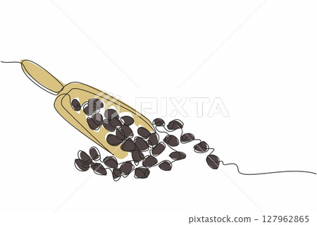 Single continuous line drawing raisins scattered and some in the wooden scoop. Good quality dried grapes. Delicious and refreshing to snack on. National Raisin Day. One line design vector illustration 127962865