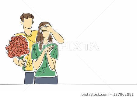 Single one line drawing husband stands behind his wife and covers her eyes with hands. Priceless appreciation. The beloved wife. Couple Appreciation Day. Continuous line design graphic illustration 127962891