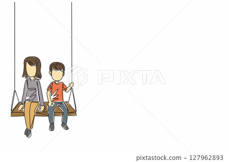 Continuous one line drawing little brother and big sister sitting together on a swing. Vacation together in the park. National Brothers and Sisters Day. Single line draw design vector illustration Continuous one line drawing little brother and big sister sitting together on a swing. Vacation together in the park. National Brothers and Sisters Day. Single line draw design vector illustration 127962893