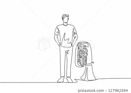 Single continuous line drawing a man in casual clothes standing next to a tuba. Preparation before entertaining the pedestrians. The musician. National Tuba Day. One line design vector illustration 127962894