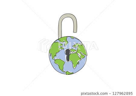 Continuous one line drawing globe made into an open padlock with a keyhole in the middle. Added passkey for easy login. Biometric. World Password Day. Single line draw design vector illustration 127962895