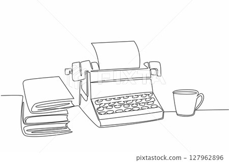 Single continuous line drawing a typewriter with paper and a mug and a pile of books. Books as good inspiration for useful writing. Expert writer. Wordsmith Day. One line design vector illustration Single continuous line drawing a typewriter with paper and a mug and a pile of books. Books as good inspiration for useful writing. Expert writer. Wordsmith Day. One line design vector illustration 127962896