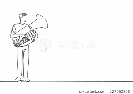 Single one line drawing man in casual clothes holding a tuba. Amazing performance. Finished practice. Ready for solo concert. Musician. National Tuba Day. Continuous line design graphic illustration Single one line drawing man in casual clothes holding a tuba. Amazing performance. Finished practice. Ready for solo concert. Musician. National Tuba Day. Continuous line design graphic illustration 127962898