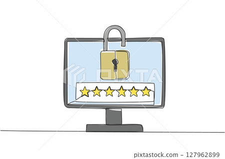 Single continuous line drawing monitor with open padlock on screen. A unique combination of 6 characters to unlock. Strong protection. Code. World Password Day. One line design vector illustration Single continuous line drawing monitor with open padlock on screen. A unique combination of 6 characters to unlock. Strong protection. Code. World Password Day. One line design vector illustration 127962899