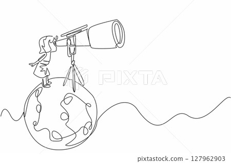 Continuous one line drawing little girl looking through giant telescope at the moon. Star cluster observer. Comet. Little scientist. National Space Day. Single line draw design vector illustration 127962903