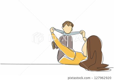 Continuous one line drawing mother lying on the floor while playing with baby. Sunbathing in the morning. Healthy. Activities in the park. Play. Baby Day. Single line draw design vector illustration 127962920