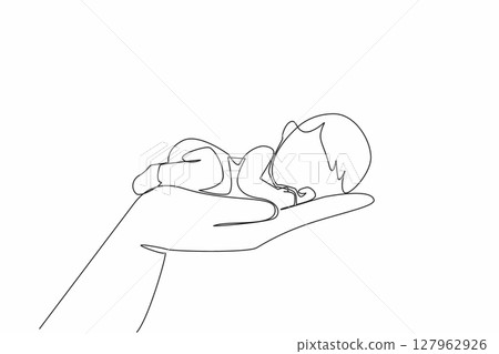Single one line drawing baby sleeping on palm. Symbolism. The most comfortable place for a child is with the parents. Tenderness and affection. Baby Day. Continuous line design graphic illustration Single one line drawing baby sleeping on palm. Symbolism. The most comfortable place for a child is with the parents. Tenderness and affection. Baby Day. Continuous line design graphic illustration 127962926