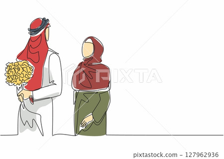 Single one line drawing husband brings a bouquet of flowers and hides it behind his back. A pleasant surprise for the wife. Love. Couple Appreciation Day. Continuous line design graphic illustration 127962936