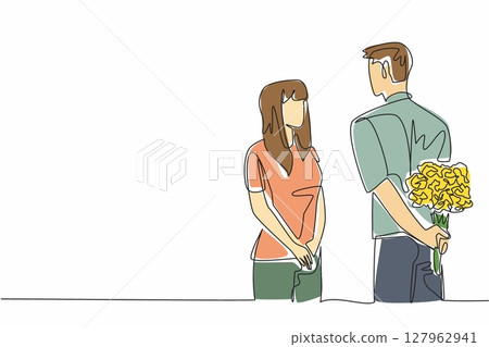 Single continuous line drawing husband brings bouquet of flowers and hides it behind back. Beautiful flowers for the most beautiful wife. Couple Appreciation Day. One line design vector illustration Single continuous line drawing husband brings bouquet of flowers and hides it behind back. Beautiful flowers for the most beautiful wife. Couple Appreciation Day. One line design vector illustration 127962941