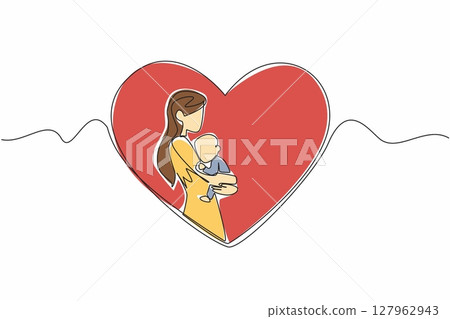 Single continuous line drawing mother hugs baby in the middle of her heart. The infinite happiness of being a young mother. Always be grateful. Family. Baby Day. One line design vector illustration 127962943