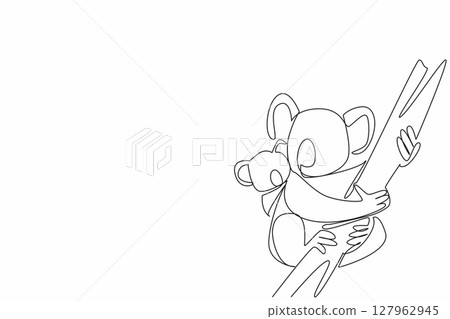 Continuous one line drawing koala carrying her baby and climbing a tree trunk. Really enjoyed climbing the eucalyptus tree. International Wild Koala Day. Single line draw design vector illustration Continuous one line drawing koala carrying her baby and climbing a tree trunk. Really enjoyed climbing the eucalyptus tree. International Wild Koala Day. Single line draw design vector illustration 127962945