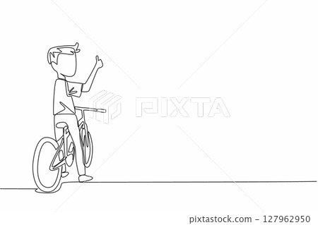 Single one line drawing boy sitting on bike looking back with thumbs up gesture. Pursue knowledge in a healthy way. Biker. National Bike to School Day. Continuous line design graphic illustration 127962950