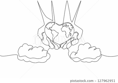 Single one line drawing heart shaped globe on 2 open palms. Taking care of the beloved earth with pleasure. Maintaining the ecosystem. Global Love Day. Continuous line design graphic illustration 127962951