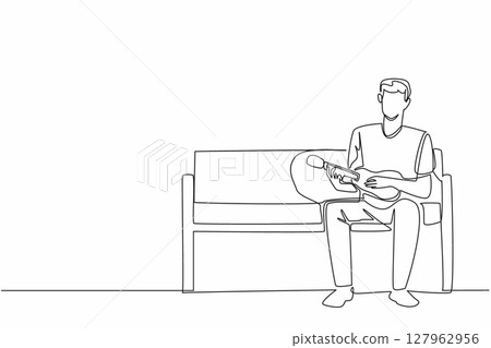 Single one line drawing a man sitting on park bench plays the ukulele. Hobby playing musical instruments. Singing anywhere. National Play Your Ukulele Day. Continuous line design graphic illustration Single one line drawing a man sitting on park bench plays the ukulele. Hobby playing musical instruments. Singing anywhere. National Play Your Ukulele Day. Continuous line design graphic illustration 127962956