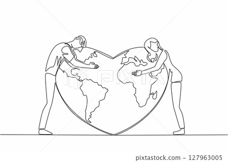 Continuous one line drawing a man and a woman stand and hug a heart shaped globe. Guarding with passion. For the sake of mother earth. Global Love Day. Single line draw design vector illustration Continuous one line drawing a man and a woman stand and hug a heart shaped globe. Guarding with passion. For the sake of mother earth. Global Love Day. Single line draw design vector illustration 127963005