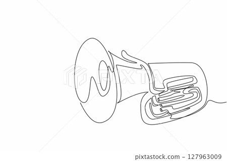 Single one line drawing tuba. A wind instrument made of metal. The tones differ due to the length and shape of the pipe. Entertainment. National Tuba Day. Continuous line design graphic illustration 127963009