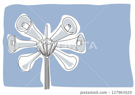 Single continuous line drawing 6 speakers installed in various directions on the tower. Mounted high for a longer reach. Announcement. National Public Radio Day. One line design vector illustration Single continuous line drawing 6 speakers installed in various directions on the tower. Mounted high for a longer reach. Announcement. National Public Radio Day. One line design vector illustration 127963020