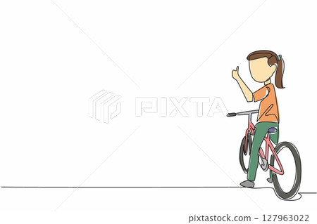 Single one line drawing the little girl sitting on bike looking back with thumbs up gesture. Gain knowledge and health. Biker. National Bike to School Day. Continuous line design graphic illustration Single one line drawing the little girl sitting on bike looking back with thumbs up gesture. Gain knowledge and health. Biker. National Bike to School Day. Continuous line design graphic illustration 127963022