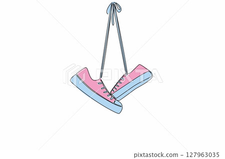 Single one line drawing a pair of sneakers laces hanging together. Completed treatment. Cleaner and more fragrant. National Two Different Colored Shoes Day. Continuous line design graphic illustration 127963035