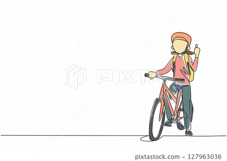 Continuous one line drawing girl stands on bicycle with one hand forms thumbs up gesture. Pumping up adrenaline for knowledge. National Bike to School Day. Single line draw design vector illustration 127963036