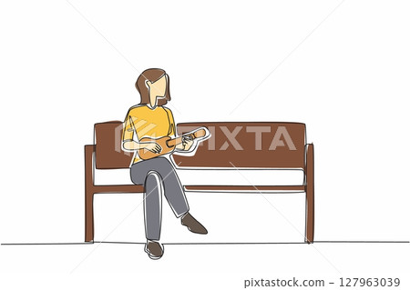 Single continuous line drawing a woman sitting on a park bench playing the ukulele. Chasing away loneliness. Playing to entertain. National Play Your Ukulele Day. One line design vector illustration 127963039
