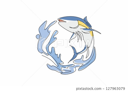Single continuous line drawing tuna jumps and there is a water splash in the shape of a semicircle. Logo. Emblem. Badge. Related to fish and sea. World Tuna Day. One line design vector illustration 127963079