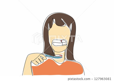 Continuous one line drawing woman opens mouth and shows teeth with bleeding gums and toothbrush. Infection. Gingivitis. International Scurvy Awareness Day. Single line draw design vector illustration Continuous one line drawing woman opens mouth and shows teeth with bleeding gums and toothbrush. Infection. Gingivitis. International Scurvy Awareness Day. Single line draw design vector illustration 127963081