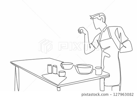 Single continuous line drawing male waiter wearing yellow apron sprinkles spices into the pan. Styled like a famous chef. Cook with joy. School Lunch Hero Day. One line design vector illustration 127963082