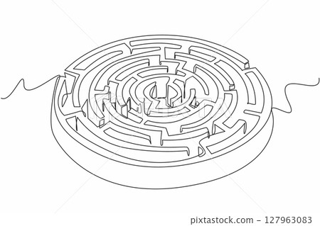 Single continuous line drawing labyrinth of circular plants. Educational playground. Learn to be patient in finding solutions. Winding garden. World Labyrinth Day. One line design vector illustration 127963083