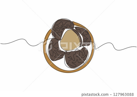 Continuous one line drawing a pile of truffles split in two at the top. Foods that contain the aroma of nuts or garlic. Mushroom. National Truffle Day. Single line draw design vector illustration Continuous one line drawing a pile of truffles split in two at the top. Foods that contain the aroma of nuts or garlic. Mushroom. National Truffle Day. Single line draw design vector illustration 127963088