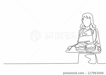 Single one line drawing the waitress wearing yellow apron, both hands holding a tray of burgers. Serving food in the school canteen. School Lunch Hero Day. Continuous line design graphic illustration Single one line drawing the waitress wearing yellow apron, both hands holding a tray of burgers. Serving food in the school canteen. School Lunch Hero Day. Continuous line design graphic illustration 127963089