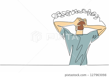 Single continuous line drawing man holding head with both hands and a rope tangled around head. Mentally exhausted. Endless pain. National Anxiety Screening Day. One line design vector illustration Single continuous line drawing man holding head with both hands and a rope tangled around head. Mentally exhausted. Endless pain. National Anxiety Screening Day. One line design vector illustration 127963098