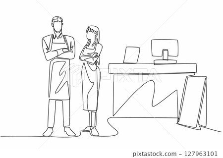 Single continuous line drawing a male and a female waiters wearing aprons standing side by side. Stand by near the cashier. Order and pay. School Lunch Hero Day. One line design vector illustration 127963101