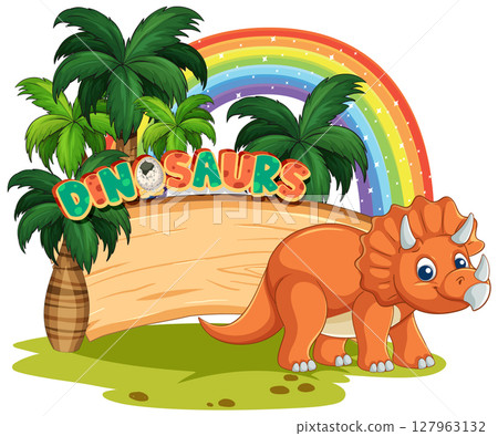 Colorful Dinosaur Illustration with Rainbow and Palm Trees 127963132