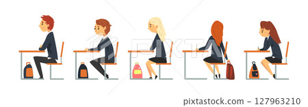 Boy and Girl School Pupil Sit at Desk at Lesson Vector Set 127963210