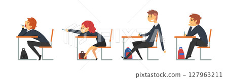 Boy and Girl School Pupil Sit at Desk at Lesson Vector Set Boy and Girl School Pupil Sit at Desk at Lesson Vector Set 127963211