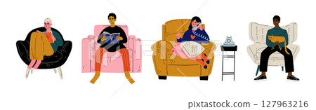 People Sit in Armchair at Home Doing Different Activity Vector Set People Sit in Armchair at Home Doing Different Activity Vector Set 127963216