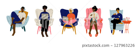 People Sit in Armchair at Home Doing Different Activity Vector Set People Sit in Armchair at Home Doing Different Activity Vector Set 127963226