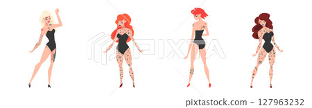 Tattooed or Inked Woman Character in Standing Pose Vector Set 127963232
